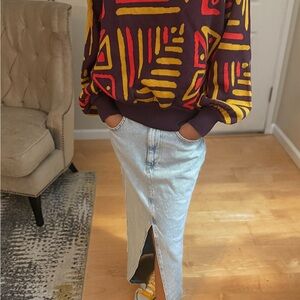 Zara Distressed Denim Maxi Skirt | Light Wash | Front Slit | Size Small